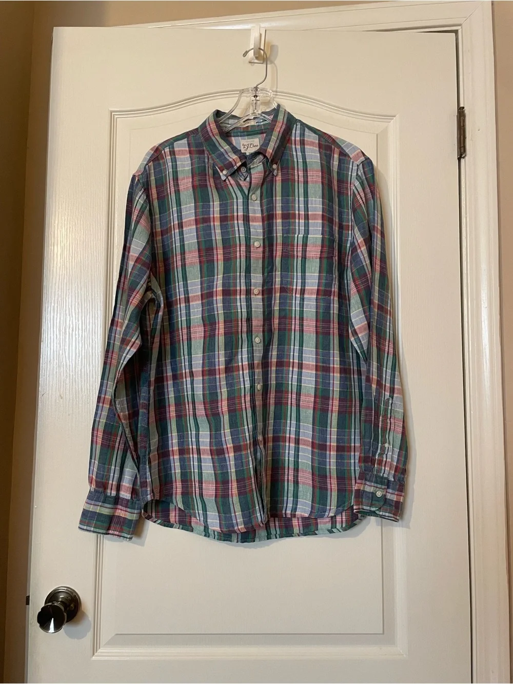 J.Crew Baird McNutt Irish Linen Madras Plaid Button Down Shirt Mens L Slim Fit